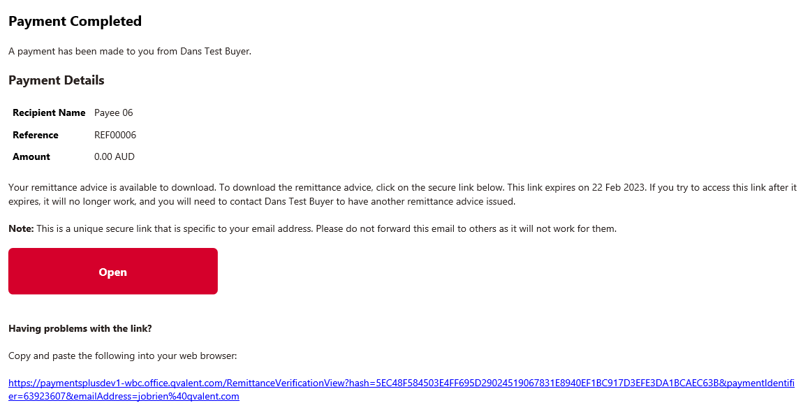 Remittance email example with the Westpac brand